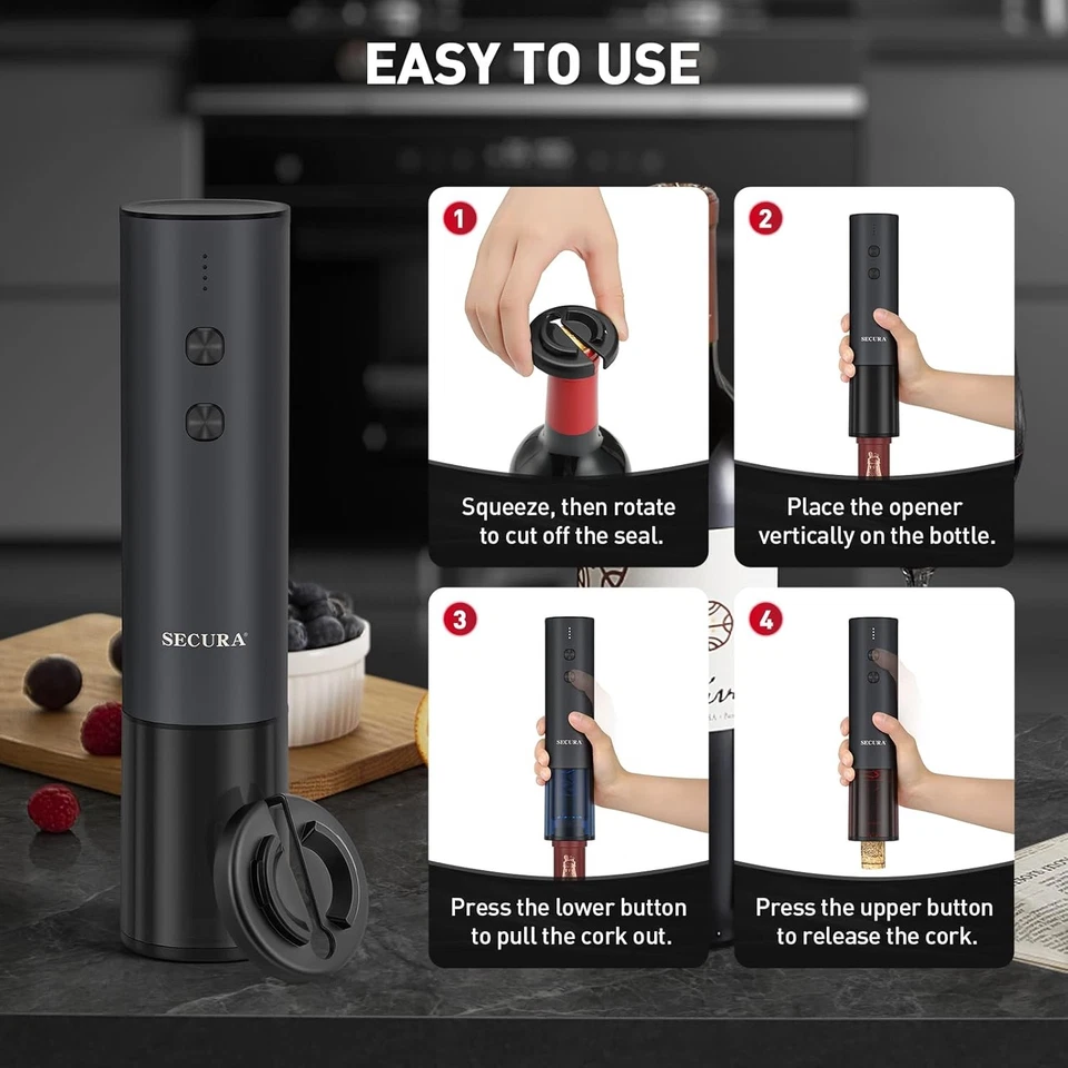 Abridor de vinho elétrico de aço inoxidável Secura, compacto recarregável, preto  - Imagem 4 de 4