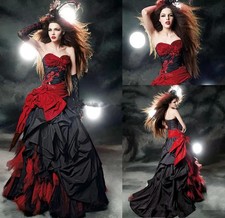 Black And Red Gothic Wedding Dresses Ruffles Satin Lace-Up Back Corset Ball Gown