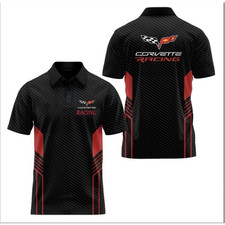 Custom Name - Men's Corvette C8 Logo Racing Black Red 3D Polo - All Size