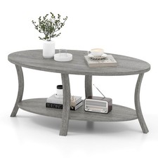 2-Tier Oval Coffee Table w/ Storage Shelf Rubber Wood Accent Tea Table