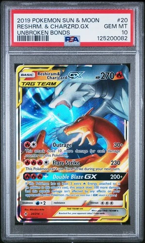 2019 POKEMON SUN & MOON UNBROKEN BONDS #20 RESHIRAM & CHARIZARD GX PSA 10