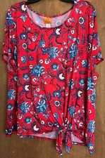 Ruby Rd. Women's Short Sleeve Floral Blouse 3X Knotted at the Bottom Red/Blue