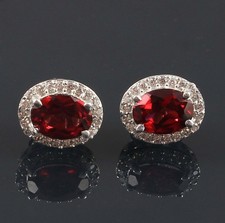 2.4ct Stud Earrings Oval Natural Garnet  Diamond Halo 14k Solid White Gold