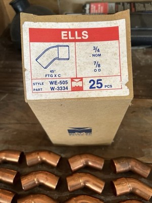 Mueller Brass Co. Copper Ells 3/4 NOM 7/8 OD Style WE-505 Part W-3334 Box of 26