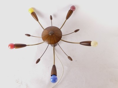 Sputnik Spinne Messing Kronleuchter Deckenlampe 5 x E14 Holz 50er Jahre 50s
