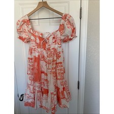 Urban Outfitters Wonderland Coral White Puff Sleeve Babydoll Dress Tie Back XS
