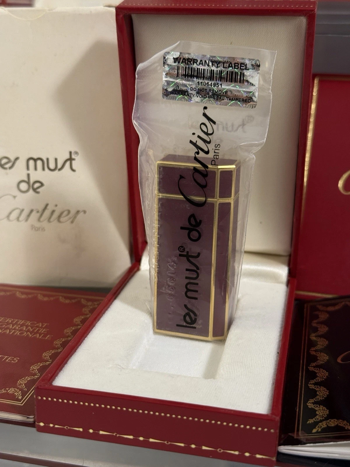 Cartier — Cartier Vintage Laque Grenat Burgundy Gold-Plated Lighter Sealed NOS New