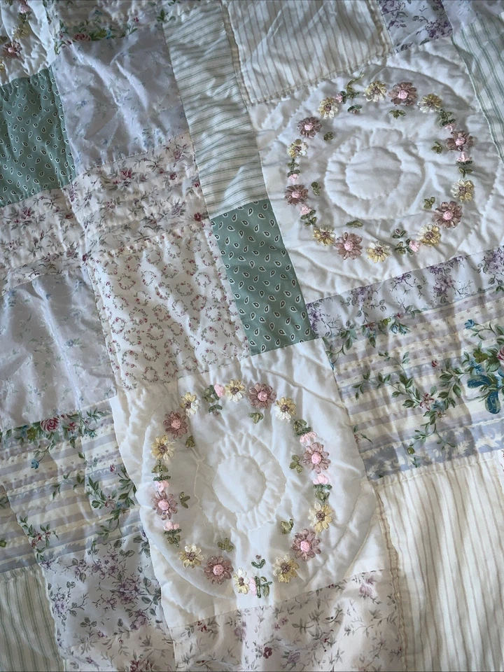 West Elm Bedspread Cottage Core Shabby Quilt Embroidery Pastel 84 x 84" Full Bed - Image 3 of 4