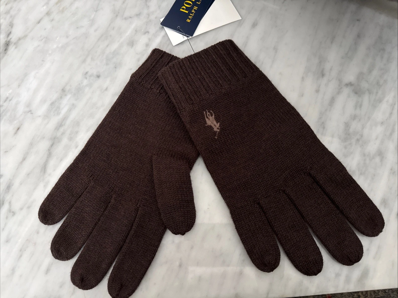 BNWT Ralph Lauren Brown Washable Merino Wool Knitted Gloves One Size