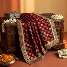 Sanskriti Vintage Sarees Red Georgette Hand Beaded Zaricraft Fabric Premium Sari