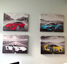 Set of 4 Multicolor Sports Car Canvas Prints, Horizontal Unframed Wall Art