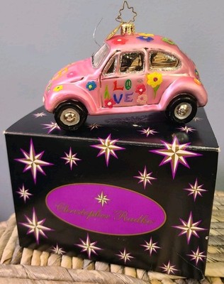 Vtg Christopher Radko Peace Love Flower VW Bug Pink Glass Ornament w/Box Poland