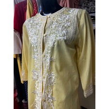 Vintage Yellow Embroidered Indian Kurta Tunic  White Floral Cotton Boho Top