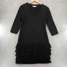 Calvin Klein Dress Womens Large Black Sweater Knit Knee Tiered Fringe Stretch