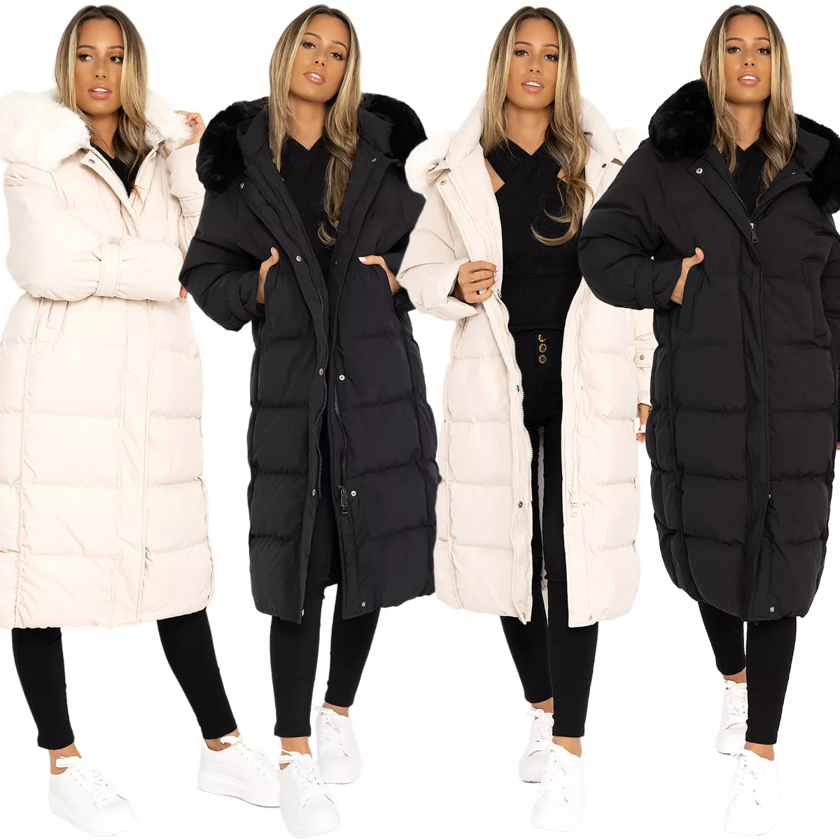 Women's Ladies Maxi Extra Long Puffer Faux Fur Hooded Jacket Quilted Down  Coat