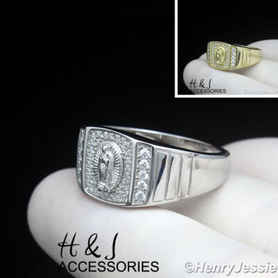 925 STERLING SILVER ICY BLING CZ GOLD PLATED/SILVER VIRGIN MARY SQUARE RING*R219