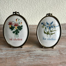 Vintage Pair Framed Floral Needlepoint Picture Oval Frame Flowers Approx 4"x 3"