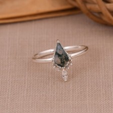 Kite Shape Moss Agate Ring Sterling Silver Womens Engagement Ring Gift For Her