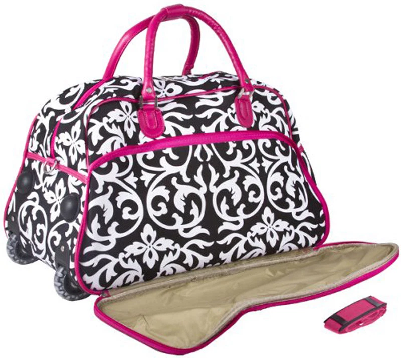 女士的粉红色锦缎 21 英寸滚轮行李袋行李箱服装随身行李袋 — 第 4/4 张图片