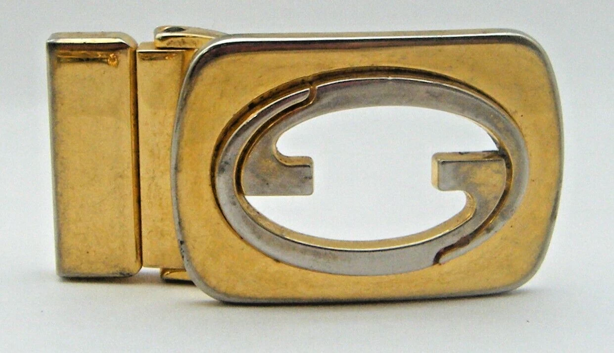Ancienne boucle de ceinture Gucci Italie logo grand espace ton or argent