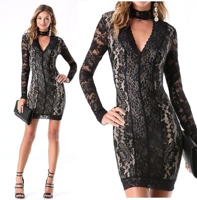 fitted lace wedding dress Bebe Women's Long Sleeve Faux Wrap Ruched Mini Dress