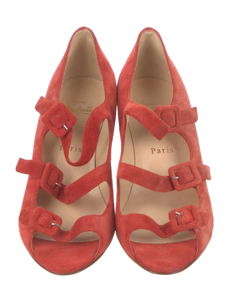 Sandalias de cuña Christian Louboutin para mujer talla EU 36,5 rojas gamuza punta abierta hebilla Foto 3 de 4