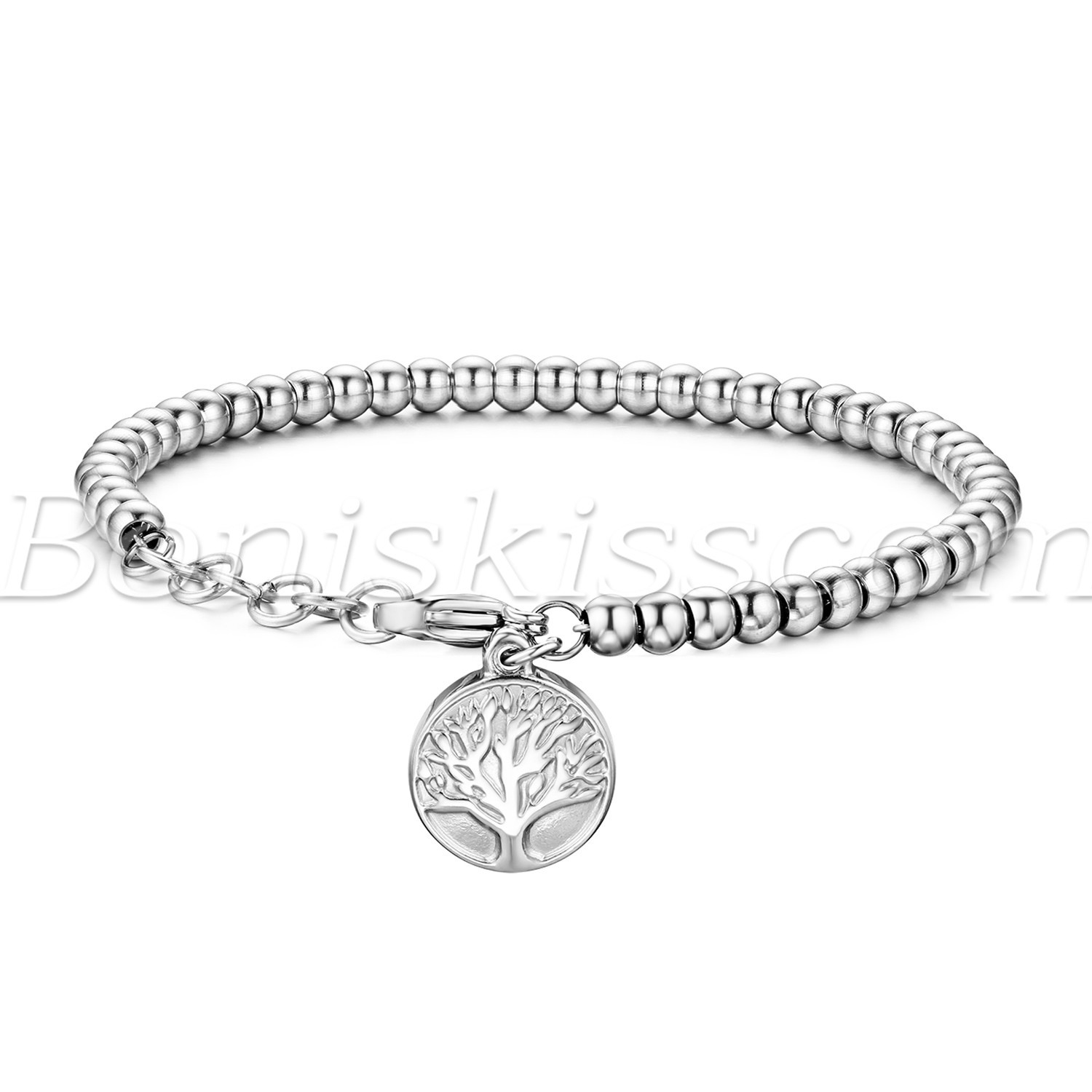 Women's Stainless Steel Tree of Life Tag Charms Beaded Chain Bracelet ...