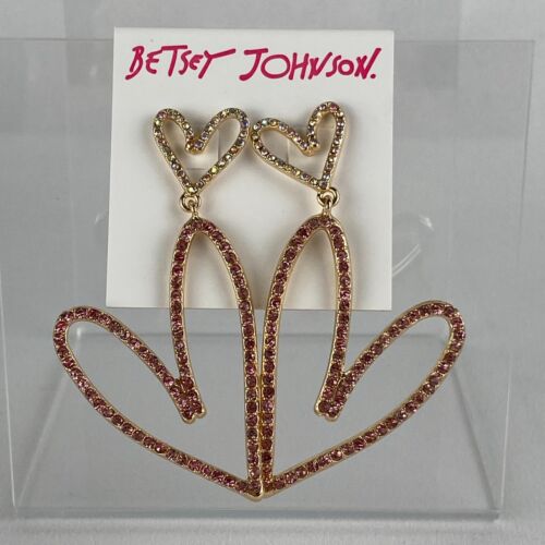 Betsey Johnson Earrings Pierced Dangle Drop XOXO Pave Double Hearts Pink Crystal