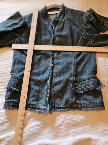 Dana Buchman Size 6 Denim Frayed Trim Open Front Hook Eye Mandarin Collar Blazer - Picture 7 of 8