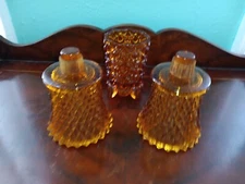 Pair Vintage Amber Diamond Point Votive Candle Cup & Footed Candle Holder EUC!