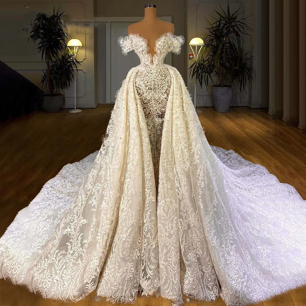 knee length dresses for ladies Luxury Beaded Mermaid Wedding Dresses Removable Long Sleeves 222159 –  Viniodress main image 1