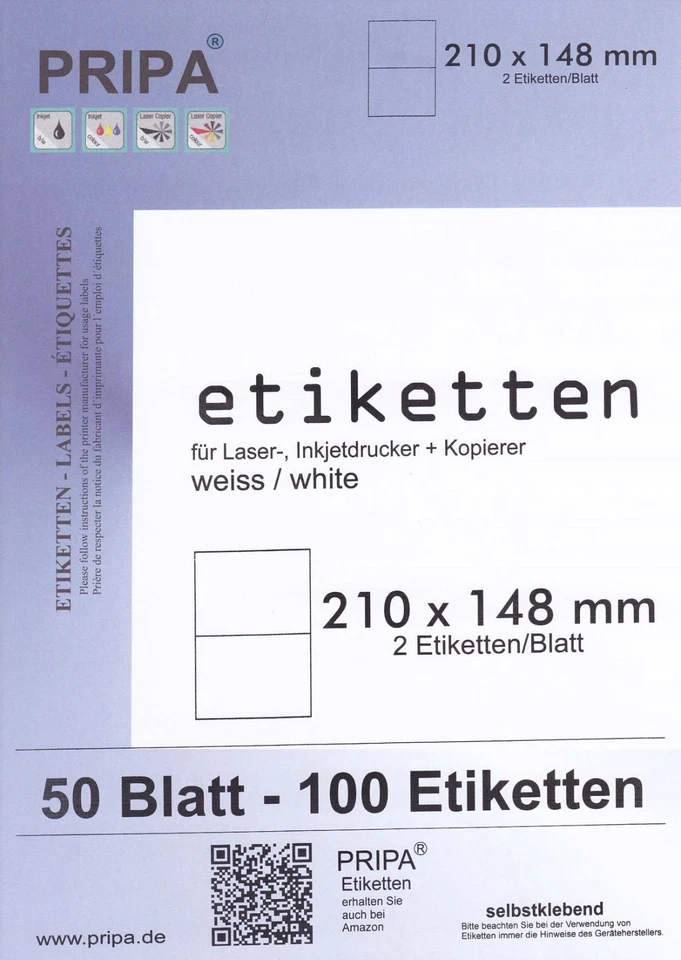 200 Etiketten 210x148 mm = 100 Blatt z.B. für DHL Hermes Post Amazon pripa 3655