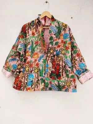 Handmade Kantha Jacket Quilted Short Kimono Women Wear White Frida Khalo pink