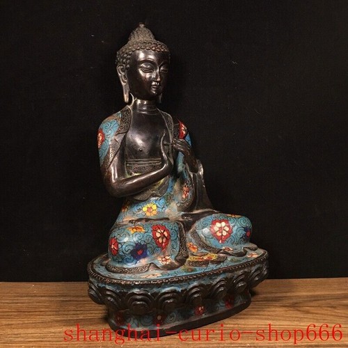11"Tibet temple Bronze cloisonne Shakyamuni Sakyamuni Shakya Mani Buddha statue - Picture 7 of 9