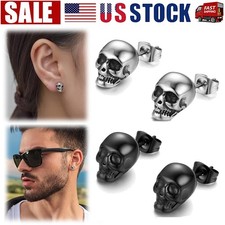 Punk Goth Stainless Steel Skull Skeleton Ear Stud Pierced Earrings for Men Women