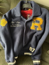 Polo Ralph Lauren Blue Pile Fleece LETTERMAN Varsity Football Jacket Size L