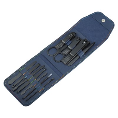  12 pcs Manicure Set with Blue PU Case Stainless Steel Personal Care Black