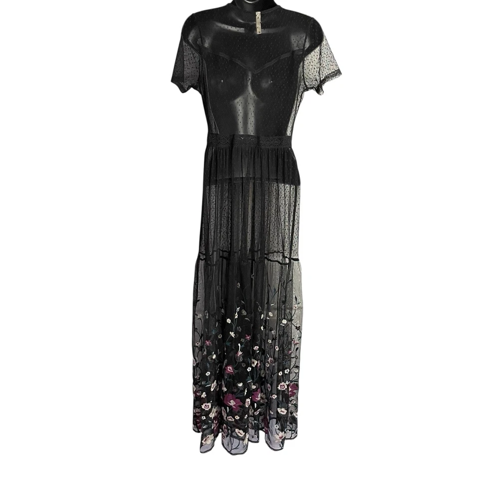 Plumero de encaje transparente Kimono para mujer S negro floral bordado malla Boho Fairy Foto 2 de 4