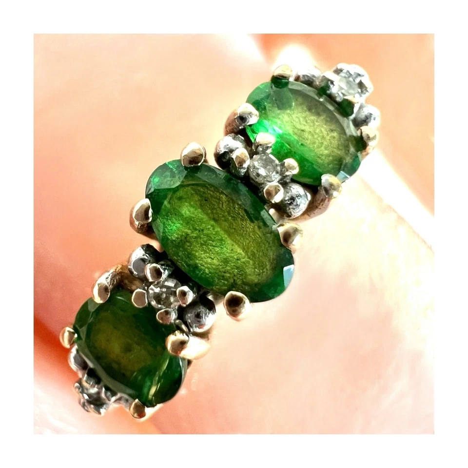 Anillo De Colección Oro 9ct Diópsido Verde Diamante Trilogía 3 Piedras Sello Talla O Foto 4 de 4