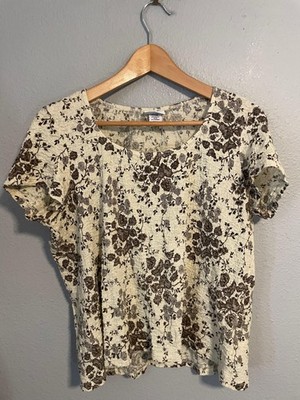 Jaclyn Smith Shirt Womens Large Cream Floral Crinkle Short Sleeve Boho Y2K