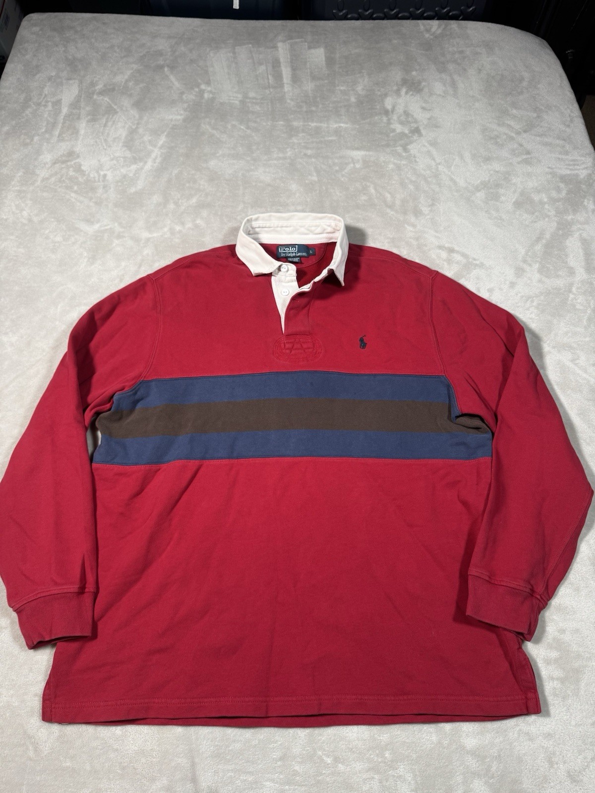 Vintage Polo Ralph Lauren Rugby Shirt Size Large Red Blue Black Stripes Preppy