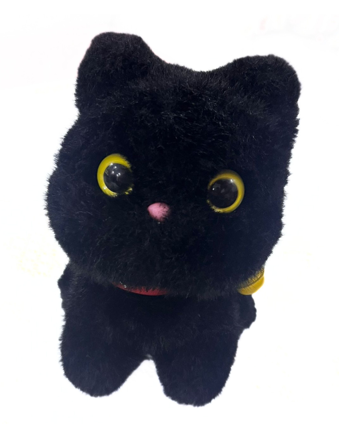 Juguete de peluche gato negro gatito ojos amarillos grandes cuello campana suave Kawaii 9 pulgadas