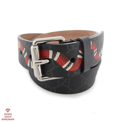 GUCCI King Snake Print Belt 434520 GG Supreme Canvas Leather 75cm Pouch
