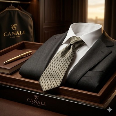 Canali Italy Mens Silk Tie Gold Black Geometric Diamond Medallion Luxury 58x3.85