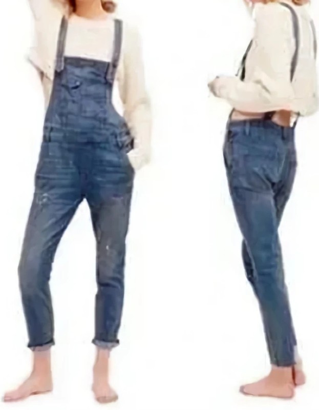 FREE PEOPLE Dark Wash MILO Distressed CIGARETTE Straigh Leg OVERALLS Sz Waist 27