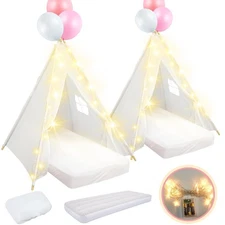 2 Pack Kids Teepee Tent with Mattress,Fitted Sheet,Light String,Washable Natu...