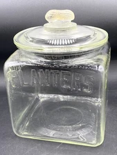 Vintage 1930's Planters Peanuts Embossed Square Store Display Glass Jar 9 1/2”
