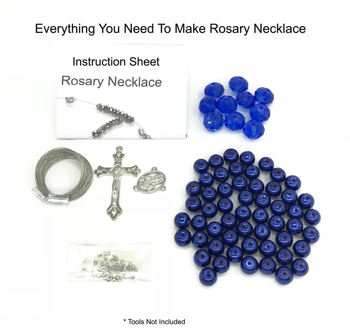 Rosary Making Kit Glass Bead Rosary First Communion Gift Baptism DIY NAVY  BLUE - Main Image