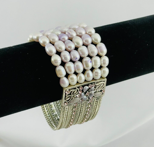 Pale Pink Silver Tone Multi Chain Dyed Baroque Pearls Enameled Stretch Bracelet - Picture 2 of 9