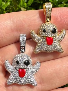 Authentic Real 925 Sterling Silver Gold Plated Snapchat Laughing Ghost Piece Pendant CZ